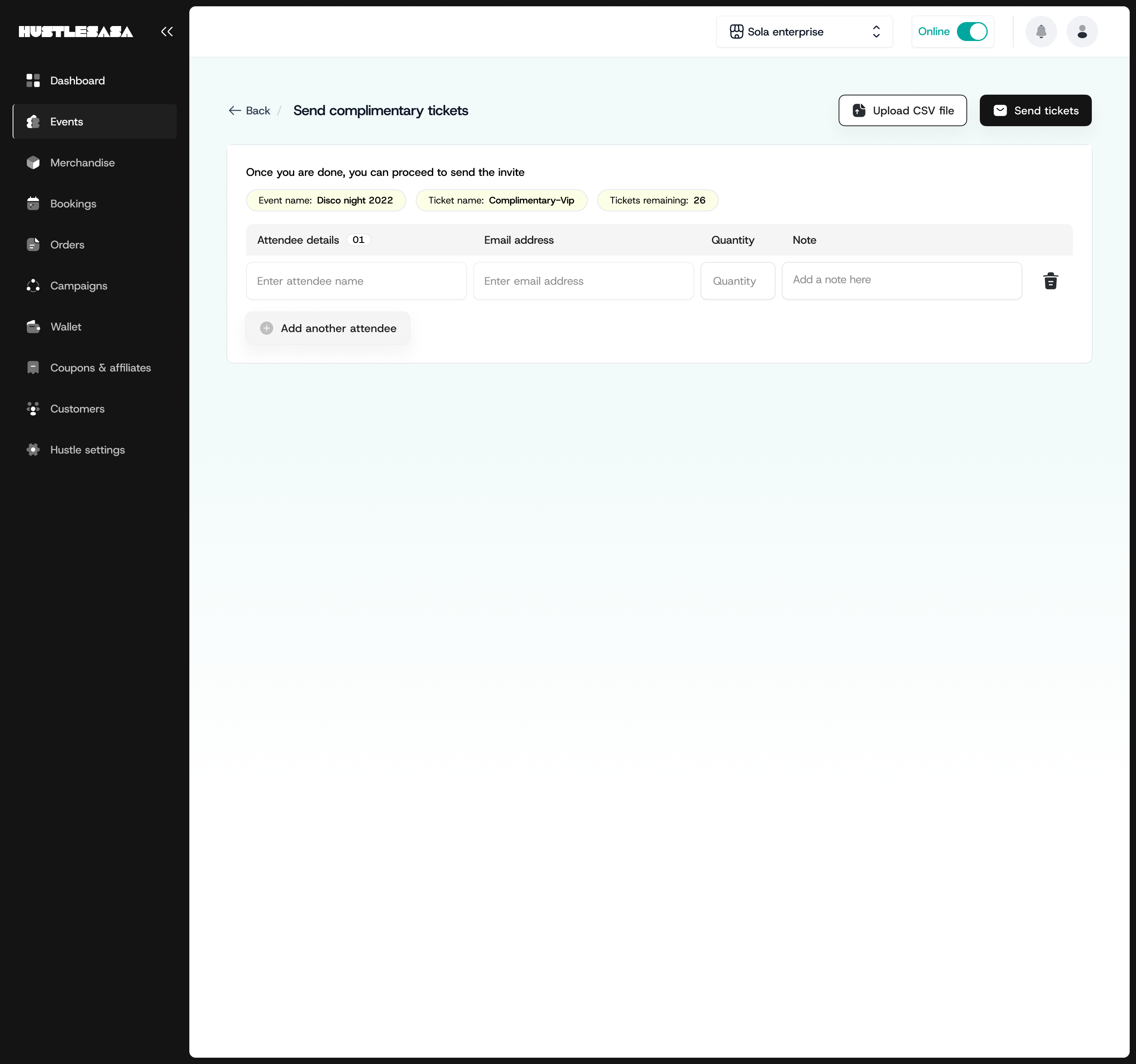 Send complimentary tickets page, empty state